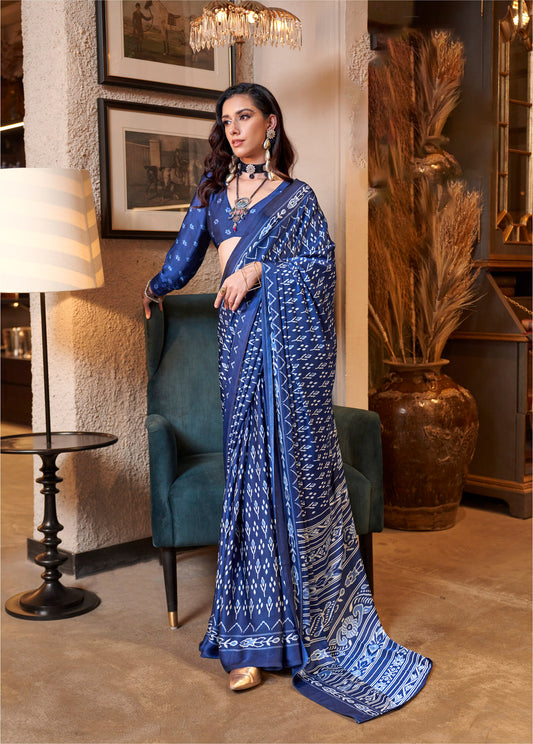 Navy Blue Konzai Satin Crape Saree With Digital Patola Prints