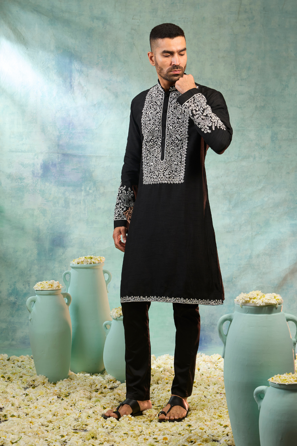 Black & white silk koti set with thread and mirror work