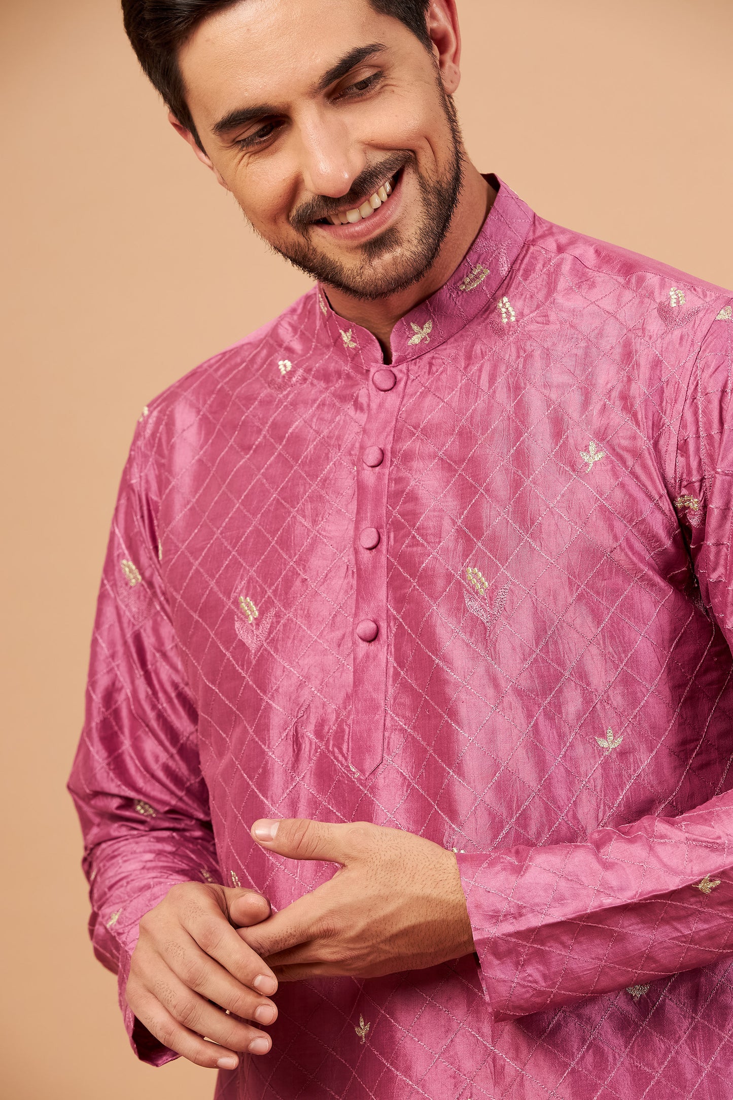 Purple & Pink Dupion Silk Machine Embroidered Festive ( only Kurta )