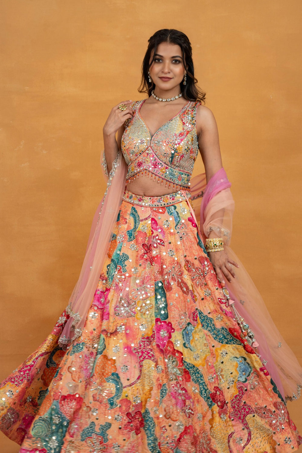 Multicolour printed silk lehenga choli with mirror, foil, sequins and bead work
