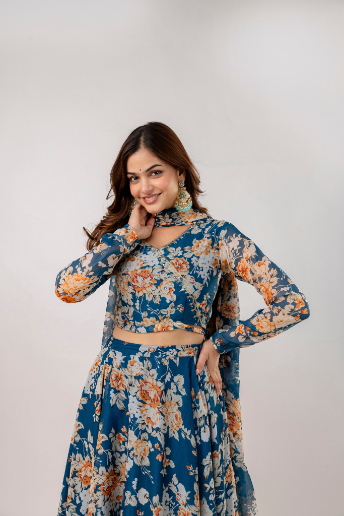 Neelima Blue Chiffon Floral Festive Lehenga Skirt