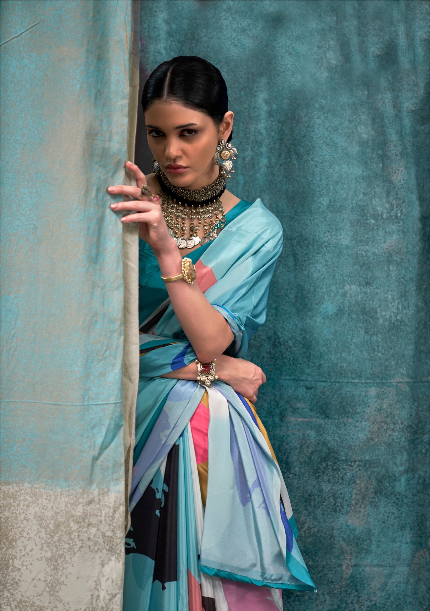 Teal blue and white Kernia's Printed Pure Silk Crepe Saree