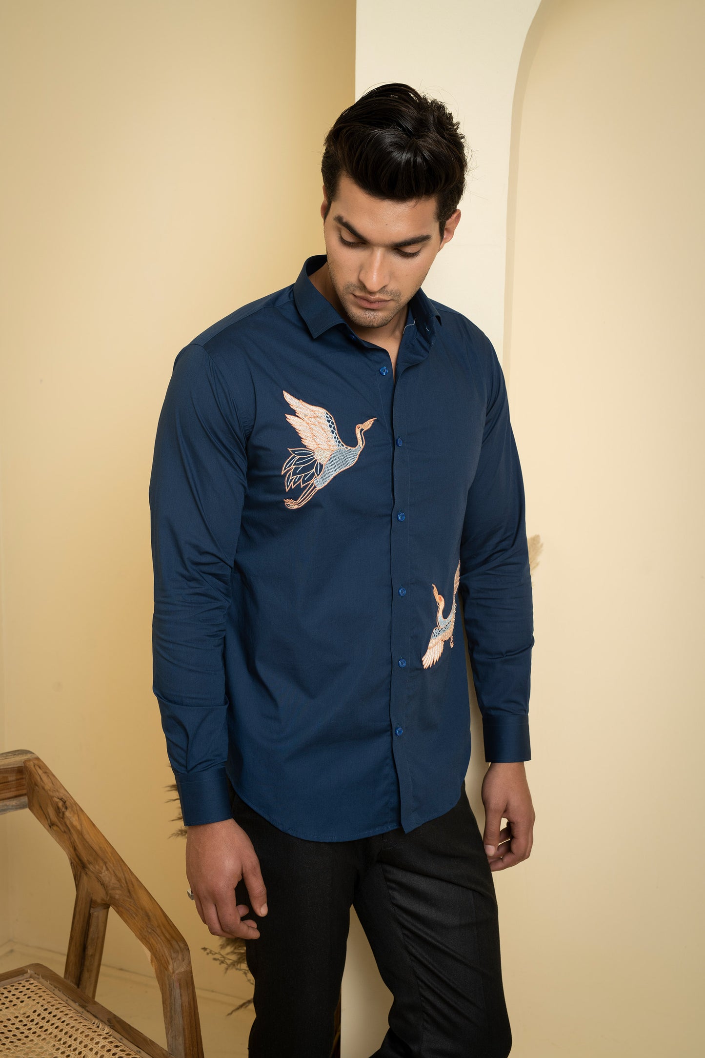 Navy Blue Poplin Lycra Cran Embroidered Festive Shirt