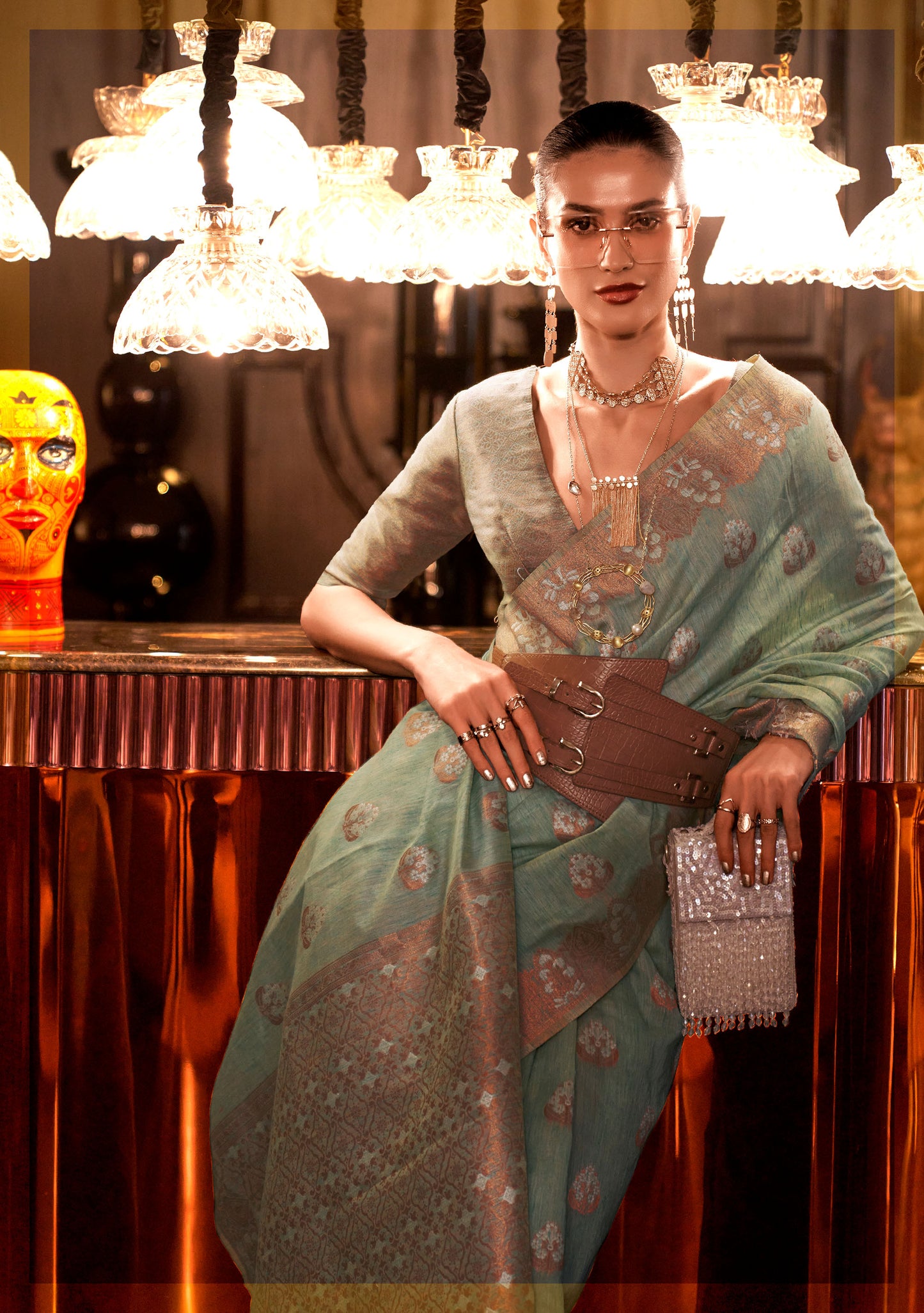 Green Klassima Linen Pure Linen Zari woven saree