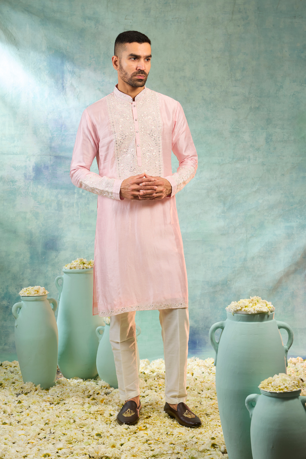 Light pink silk koti set with thread embroidery and mirror work