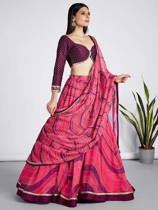 Rose Organza siroski stone work Leheriya print Lehenga