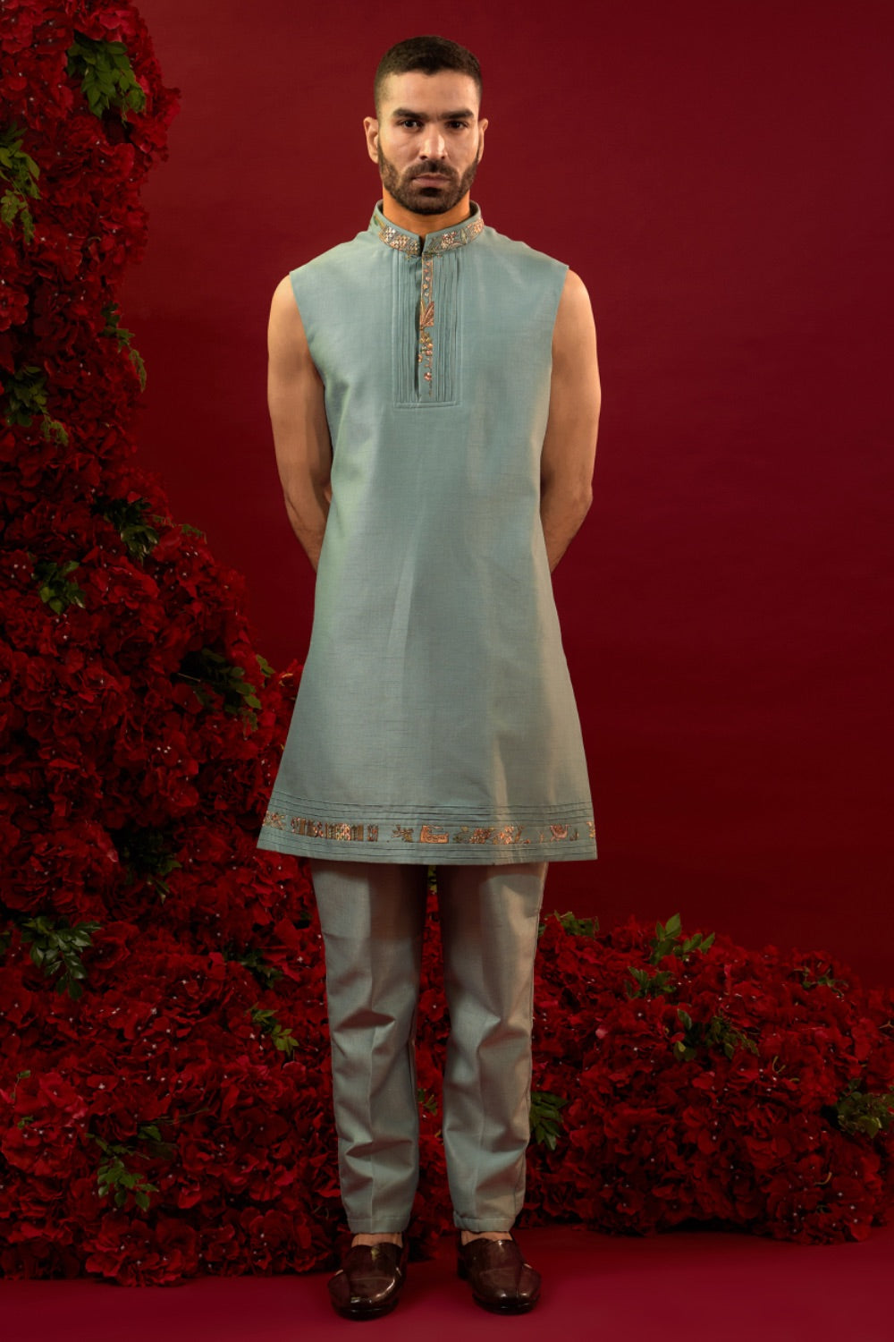 Sage green silk  open koti set with  machine work