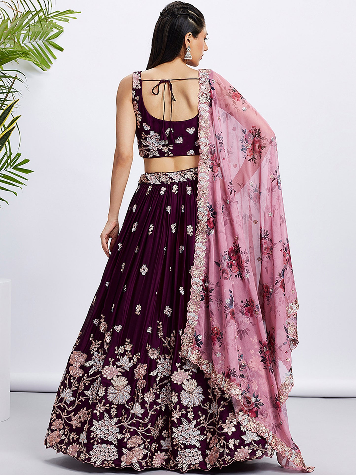 Burgundy Pure Georgette Sequins and thread embroidery Lehenga