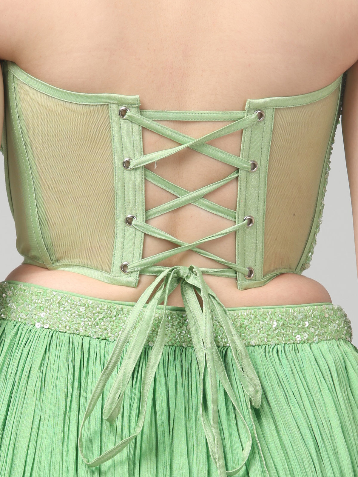 Tea-Green Corset Pure Chinnon Cutdana & Sequence Hand Work Party Wear pleated Skirt & Dupatta