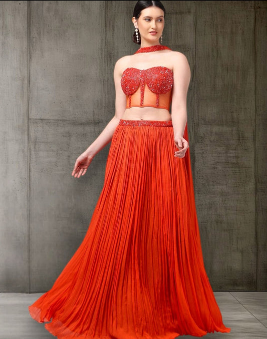 Orange Corset Pure Chinnon Cutdana & Sequence Hand Work Party Wear pleated Skirt & Dupatta