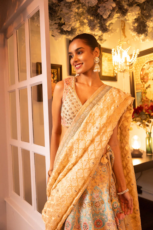 Pietra Dura Beige Raw Silk Machine Embroidered Sangeet Lehenga
