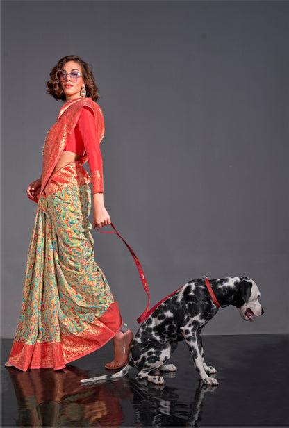 Mint Green Knaaz Modal Kashmiri Chaap Handloom Saree