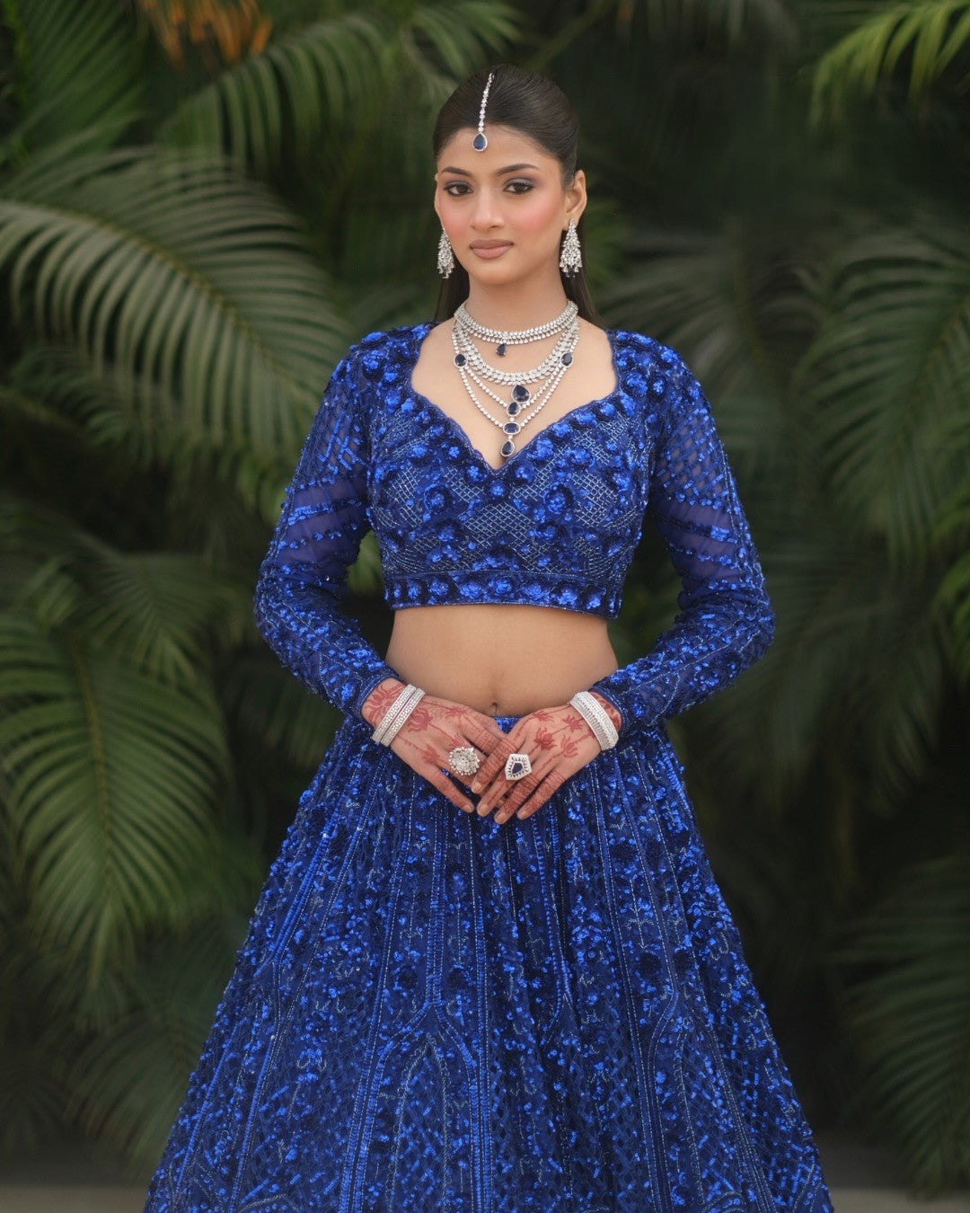 Royal Blue Net with Floral Embellishments Wedding Lehenga for Sangeet