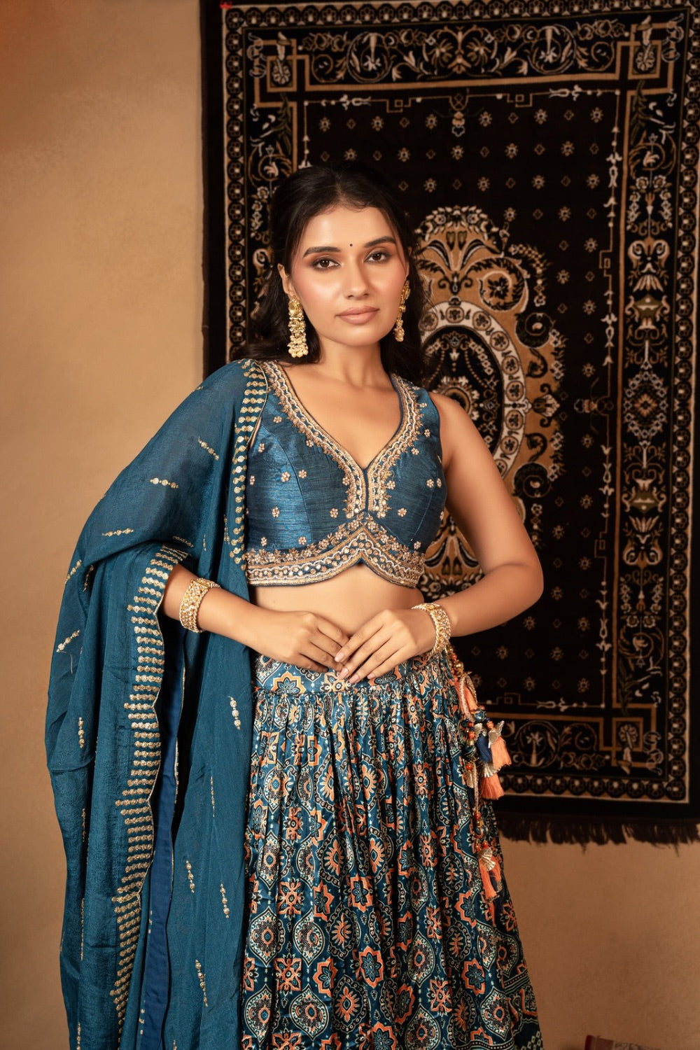 Peacock blue printed gaji silk lehenga choli