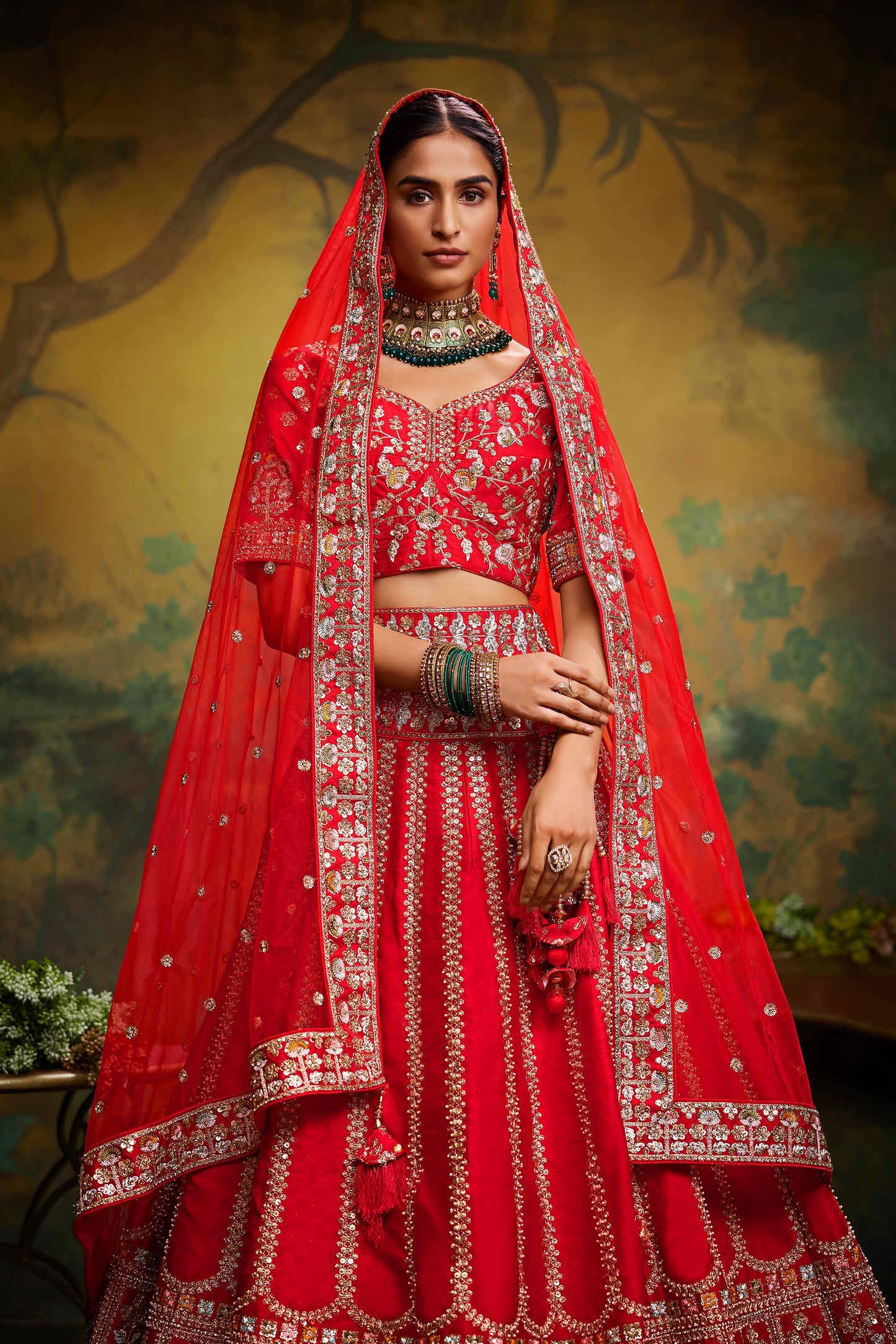Red Pure Silk Moti & Zarkan heavy embroidery Lehenga