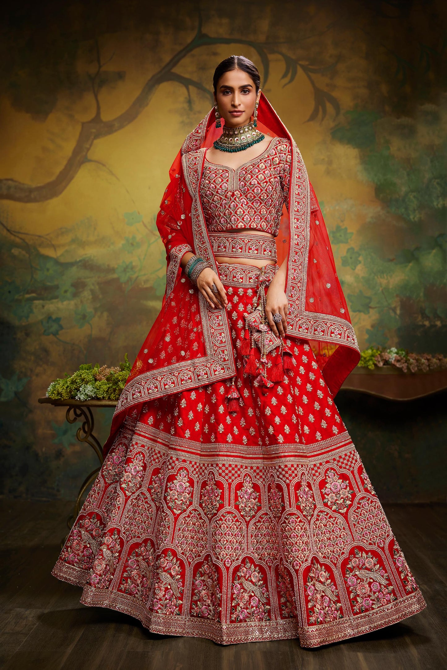 Red Pure Silk Moti & Zarkan heavy embroidery Semi-Stitched Lehenga choli & Dupatta