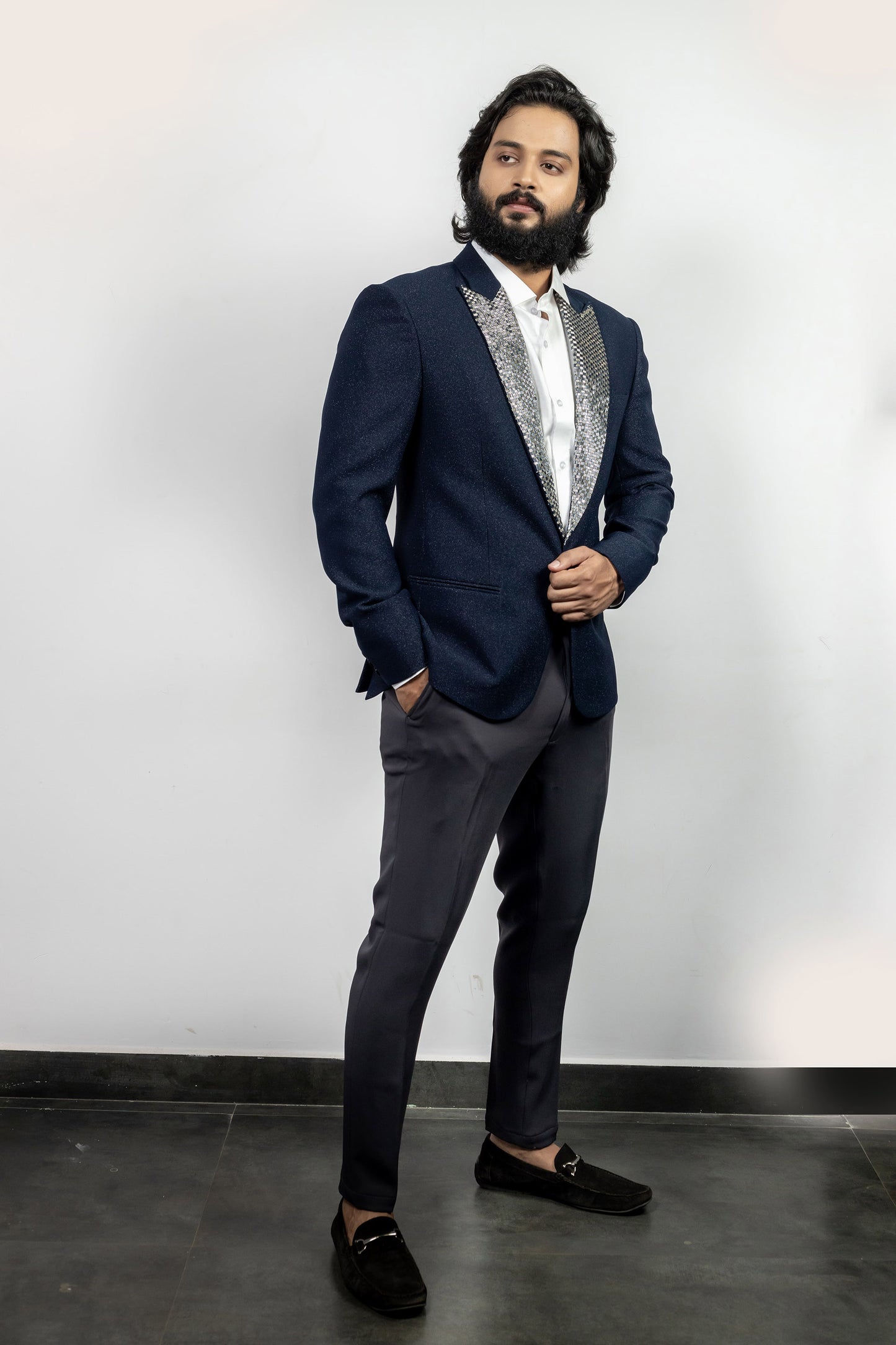 Blaze Shimmer Navy Blue Poly Blend Embrodeired Blazer