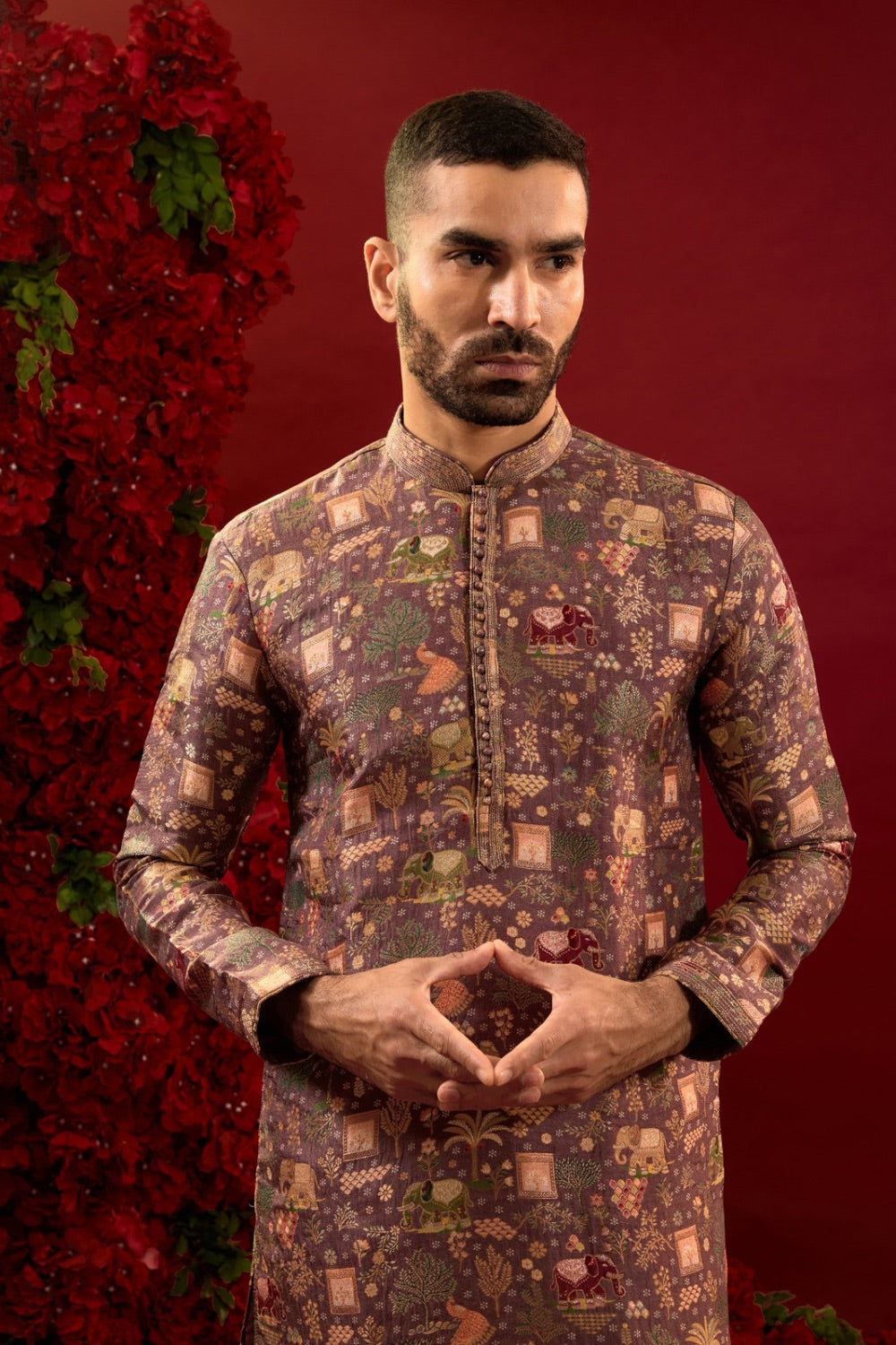 Multicolour silk kurta & pajama with hand and machine work