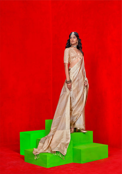 Beige Kontigo Pure Viscose Zari Tissue Saree
