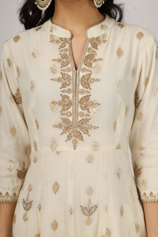 Taj Ivory colored Dori Embroidered Kalidar set