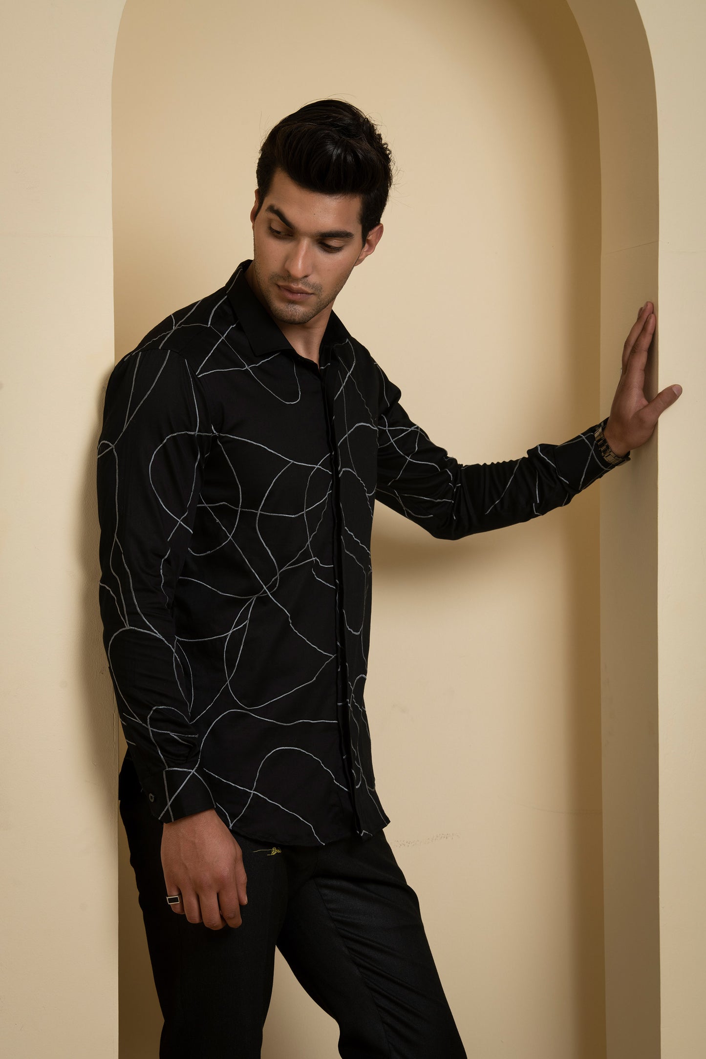 Black Giza Cotton Grayab Abstract Embroidered Party Wear Shirt