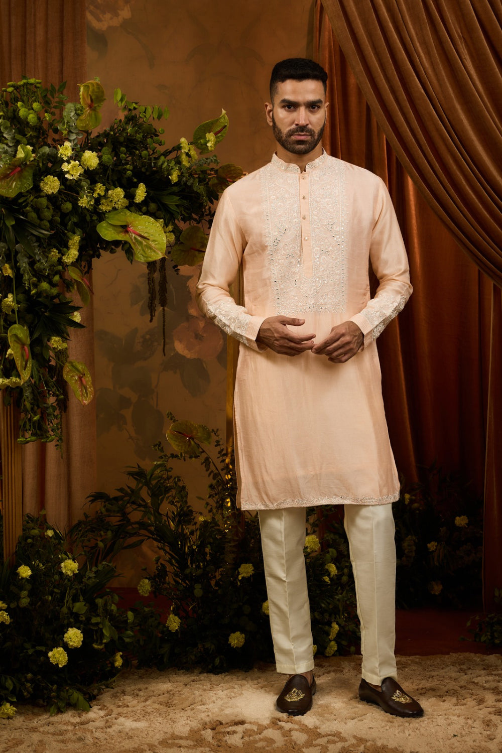 Peach & white silk koti set with  thread embroidery