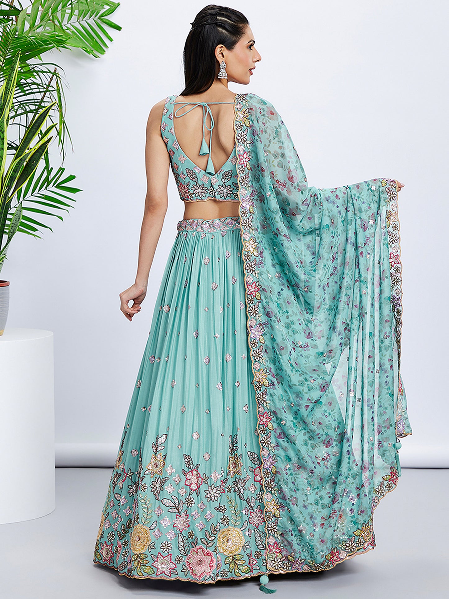 Turquoise blue Chiffon Sequins and thread embroidery Lehenga