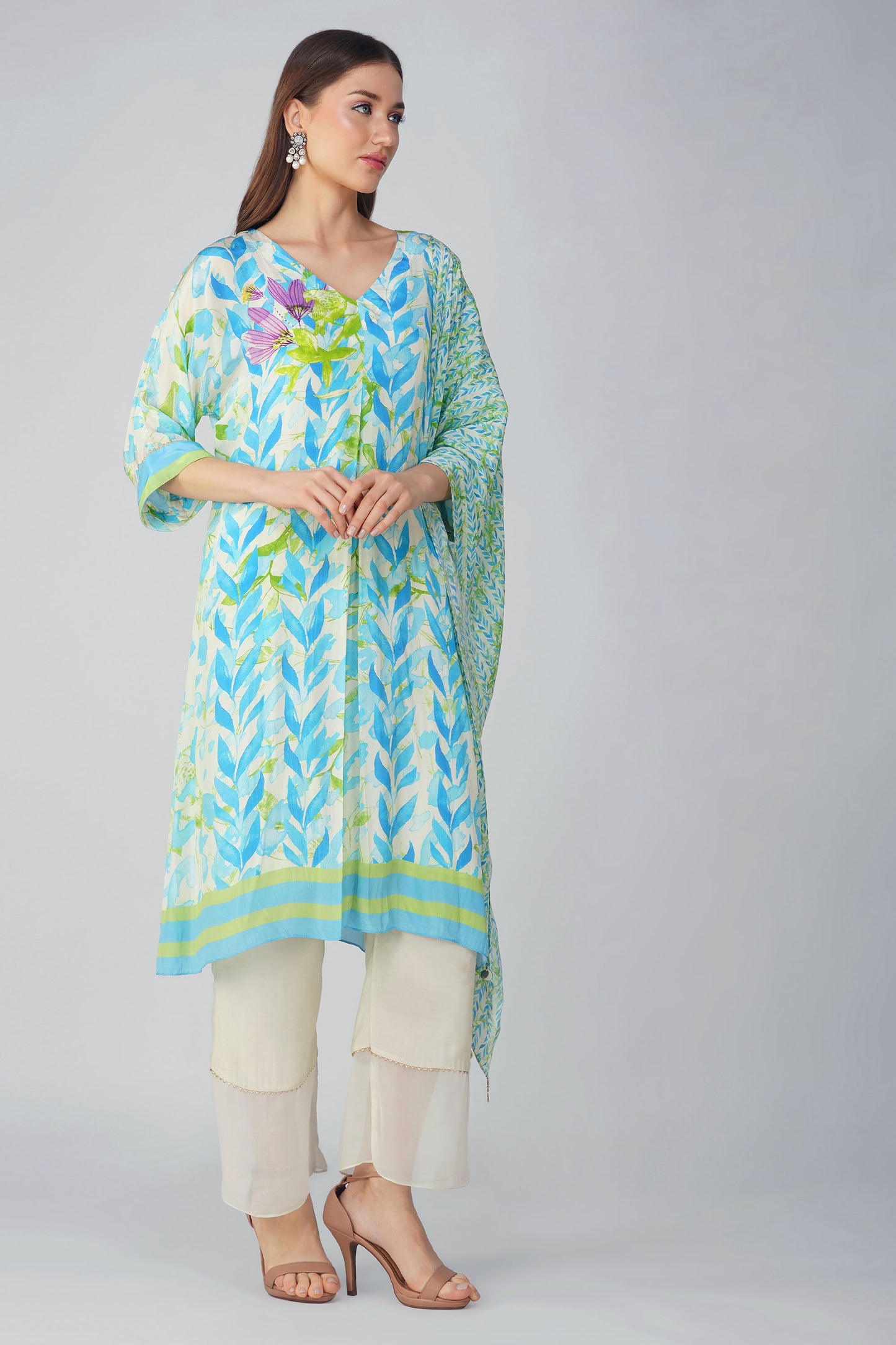 Blue Leaf Printed Spring Kurta Set