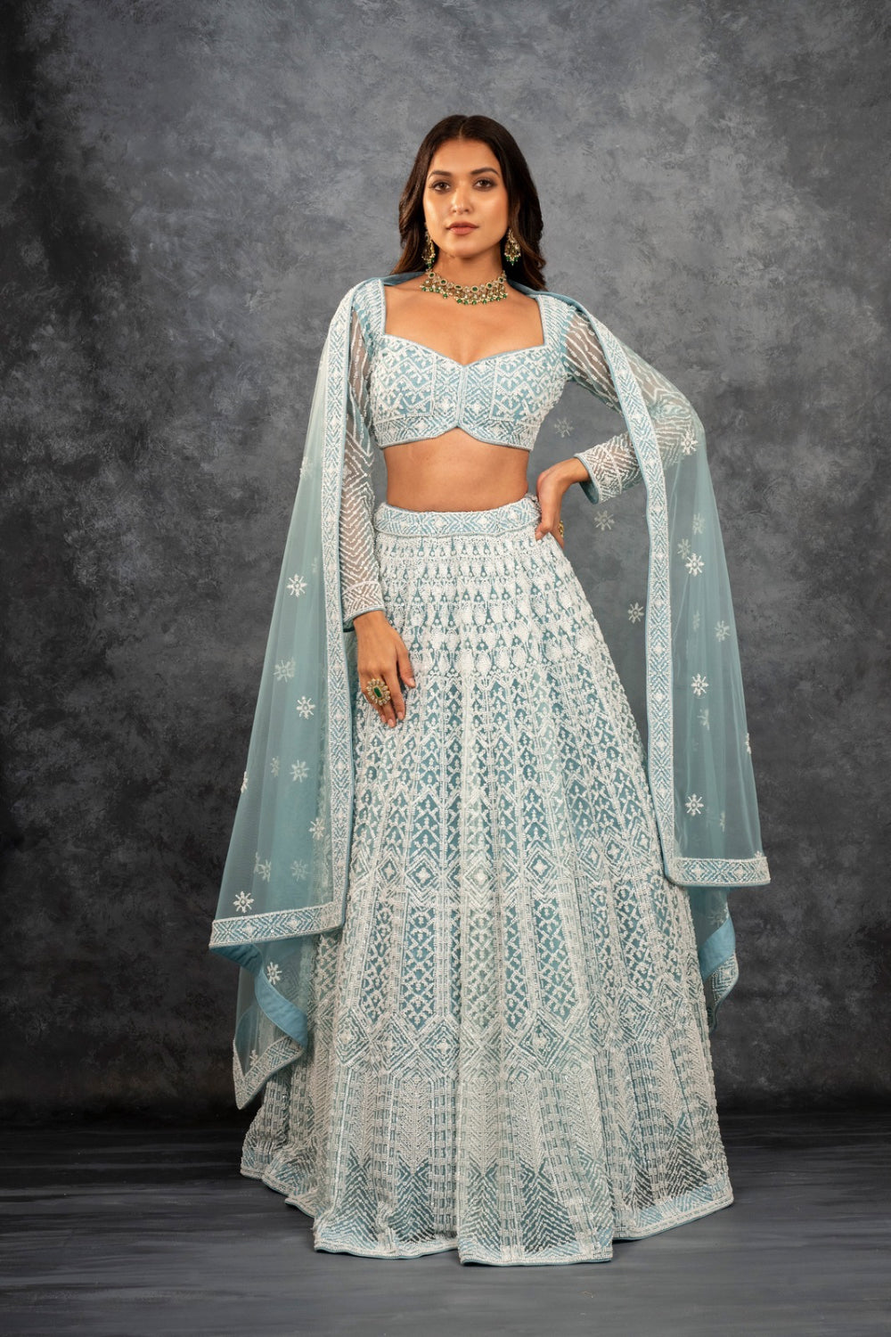 Powder blue net lehenga choli with sequins work, cut dana work and pearls