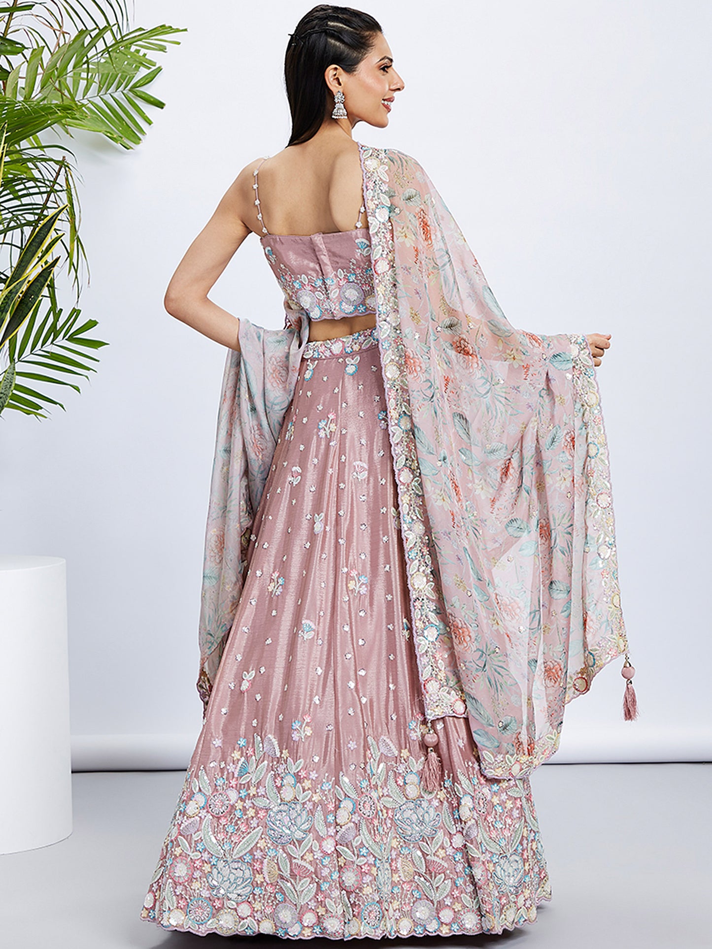 Rose gold Chiffon Sequins and thread embroidery Lehenga