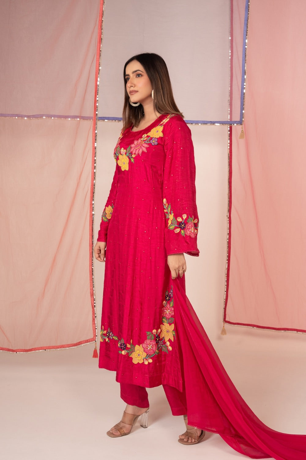 Magenta pink satin silk salwar suit