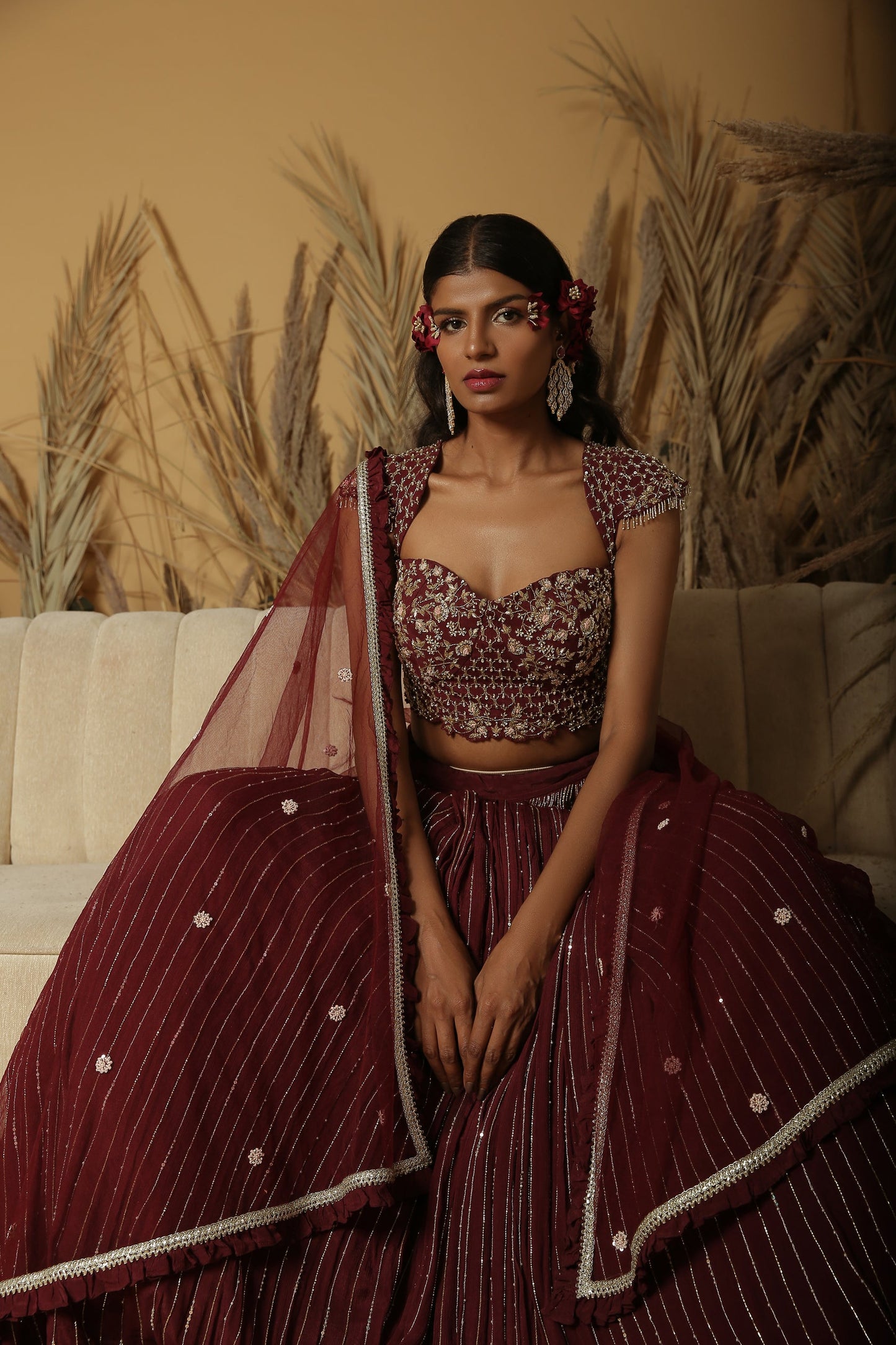 Burgundy Hand Embroidered Lehenga Set