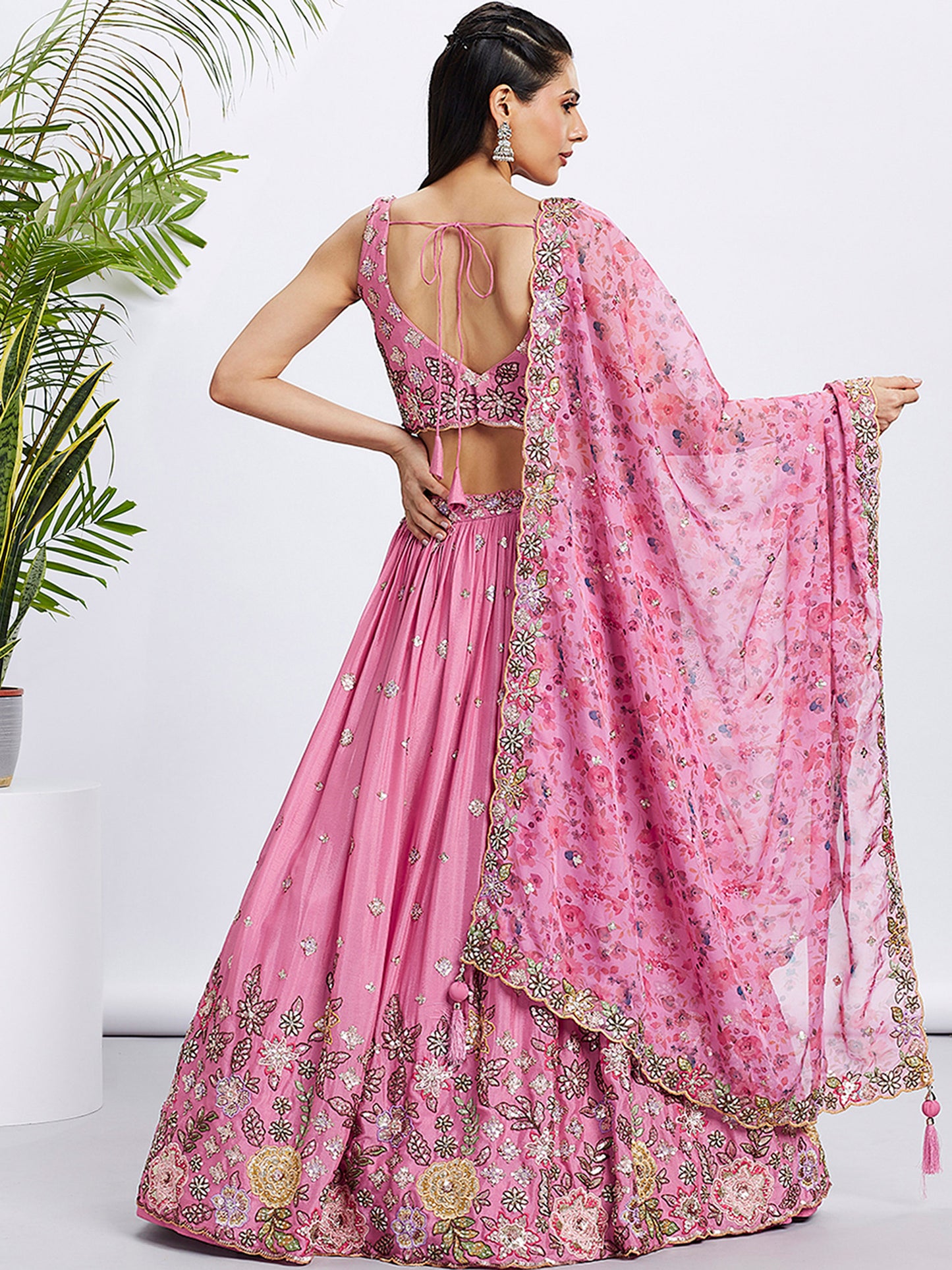 Pink Chiffon Sequins and thread embroidery Lehenga Printed Dupatta