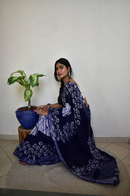 Indigofera Elegance - Blue Handblock Print Natural Dyed - Linen Cotton Saree