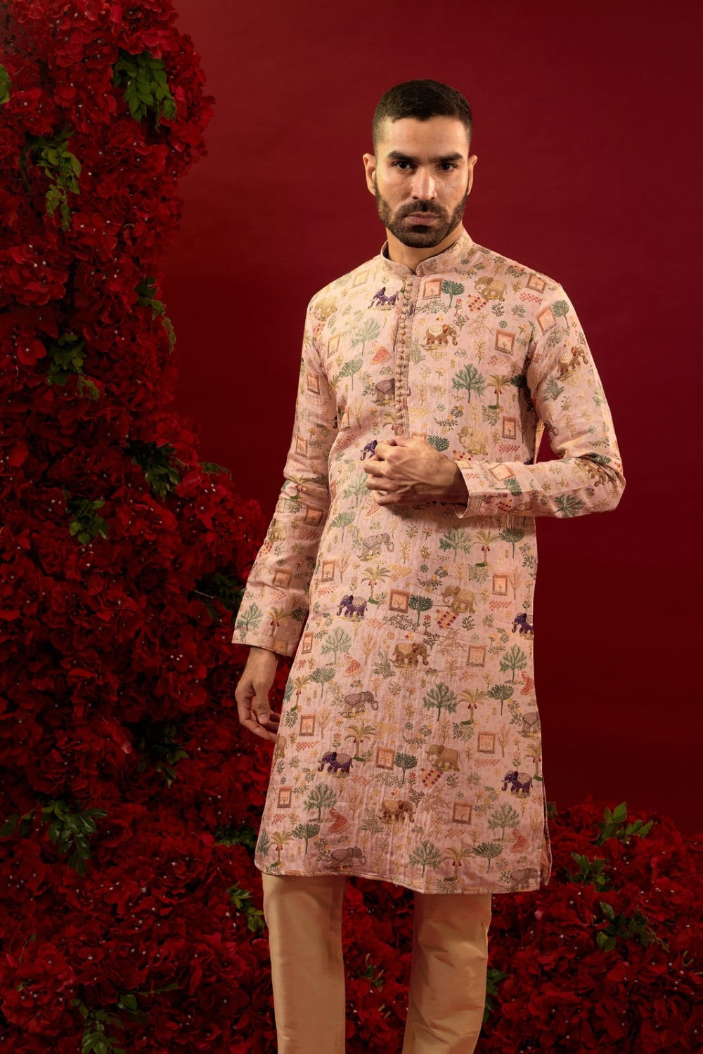Light pink silk kurta with multicolour machine work
