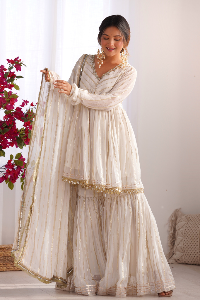 Sajna White Georgette Zari Weaving Festive Sharara Set
