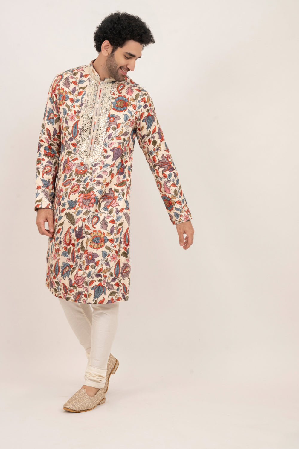 Multicolour resham embroidered satin lenin kurta set with kasab and mirror work