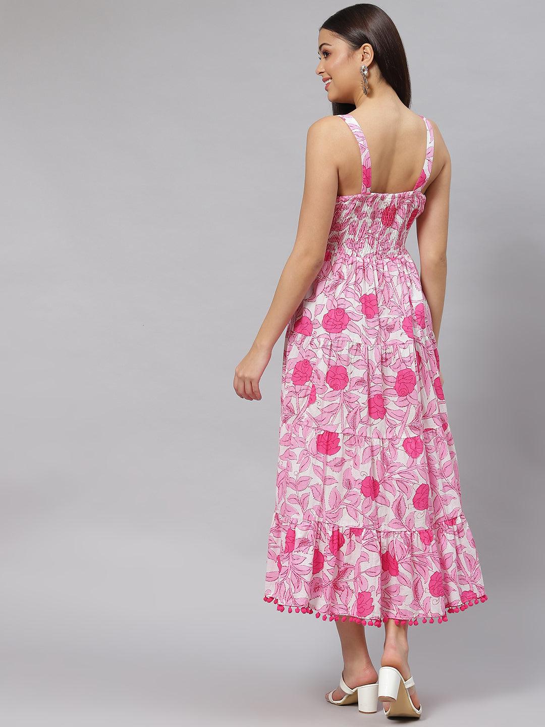  white & Pink Floral Shoulder Strip Long Dress  