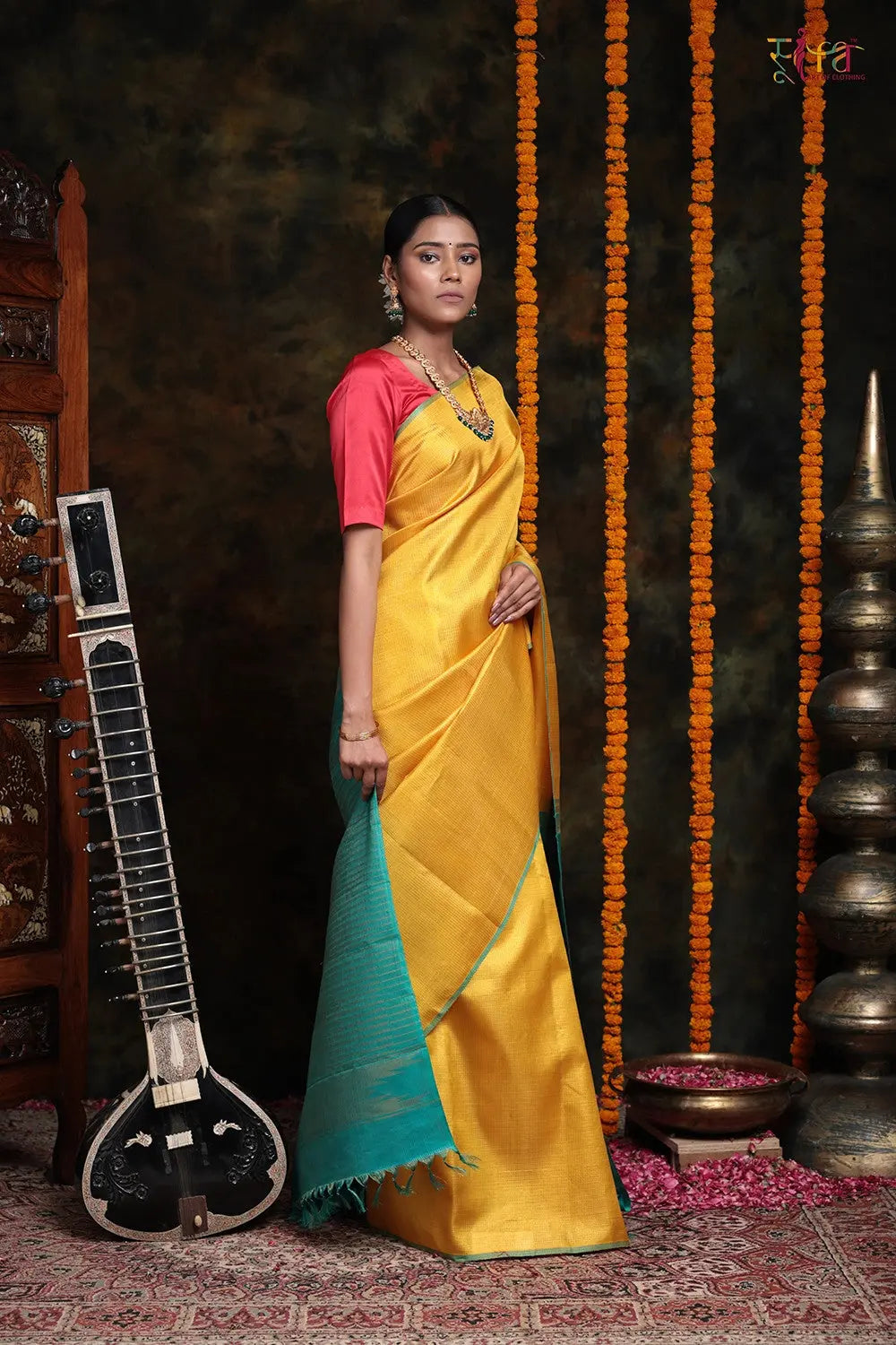 Tuscany Yellow Handloom Kanchipattu Saree With Blue Green Gold Zari Pallu