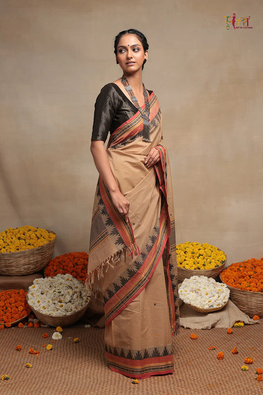 Light brown handloom pure cotton  Kanchi Saree