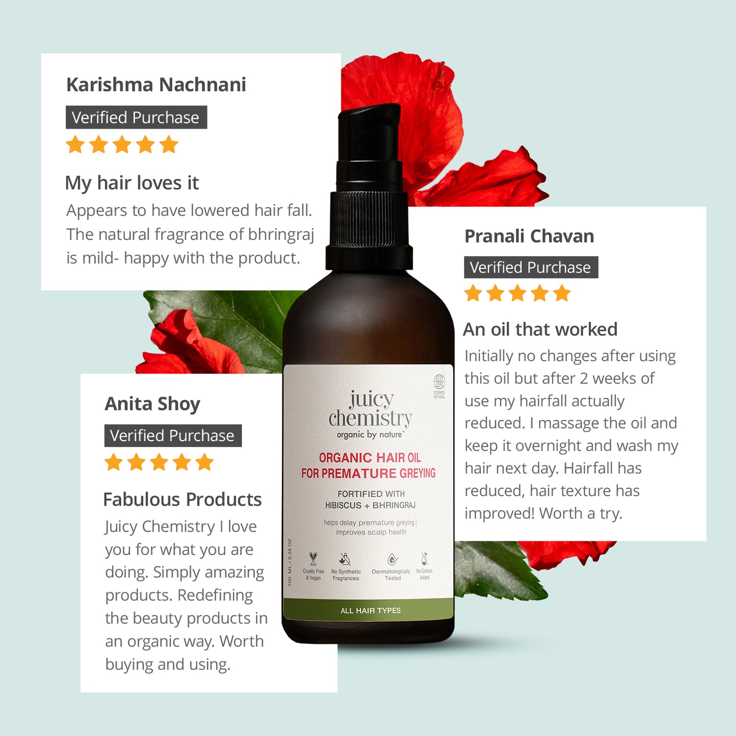 Juicy Chemistry Hibiscus Amla & Bhringaraj Fortifying Hair Oil, 100 ml | Natural Ayurvedic Formulation with Clinically Proven 10-Herb Oil Blend | Strengthens Roots, Reduces Hair Fall & Breakage | Cruelty Free & Vegan