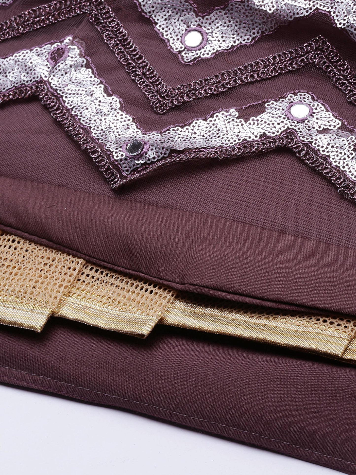 Burgundy Net Semi Stitched Coding, Sequins and Mirror work Lehenga Choli