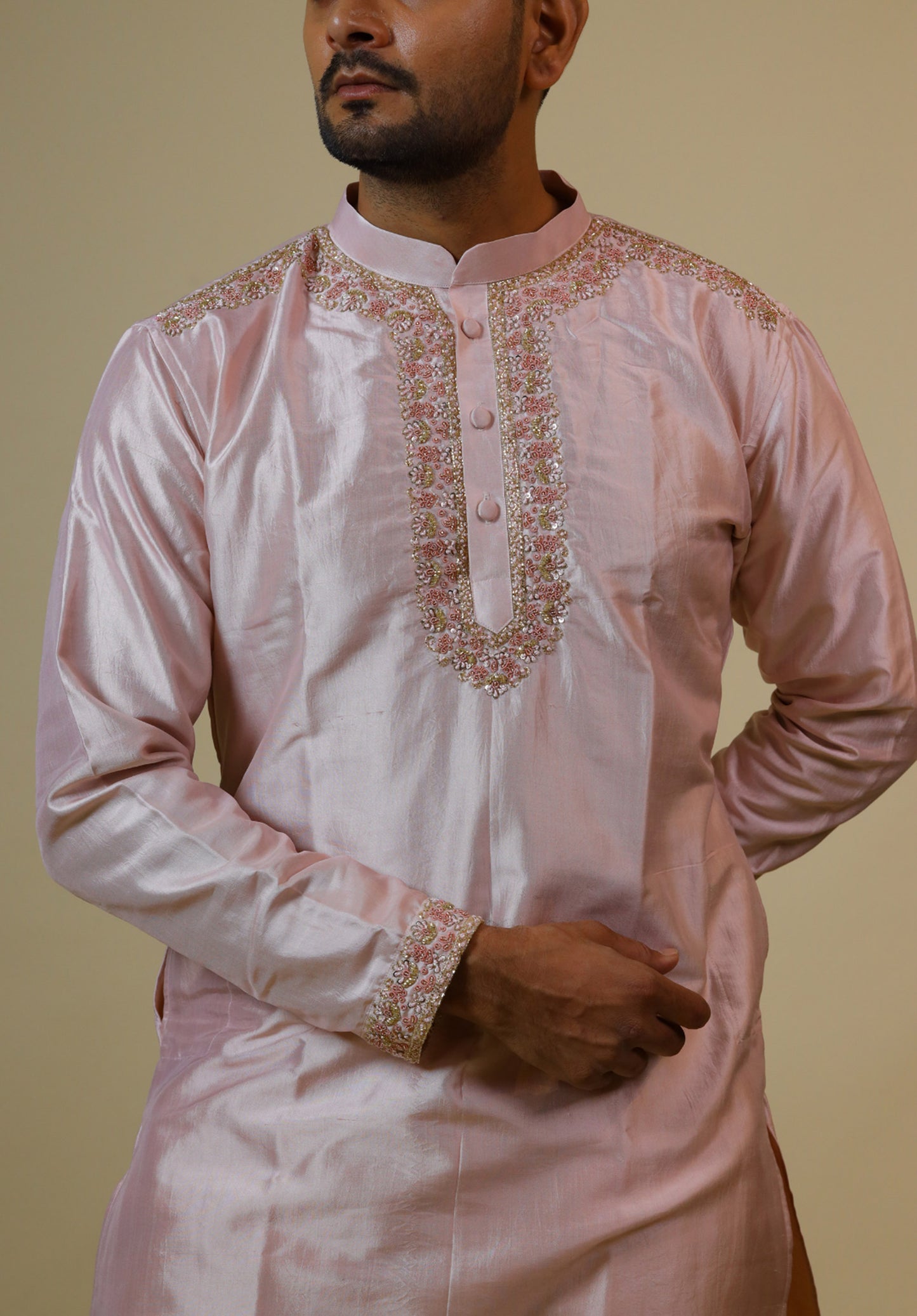Pink Dupion Silk Intricate Embroidered Festive ( only Kurta )