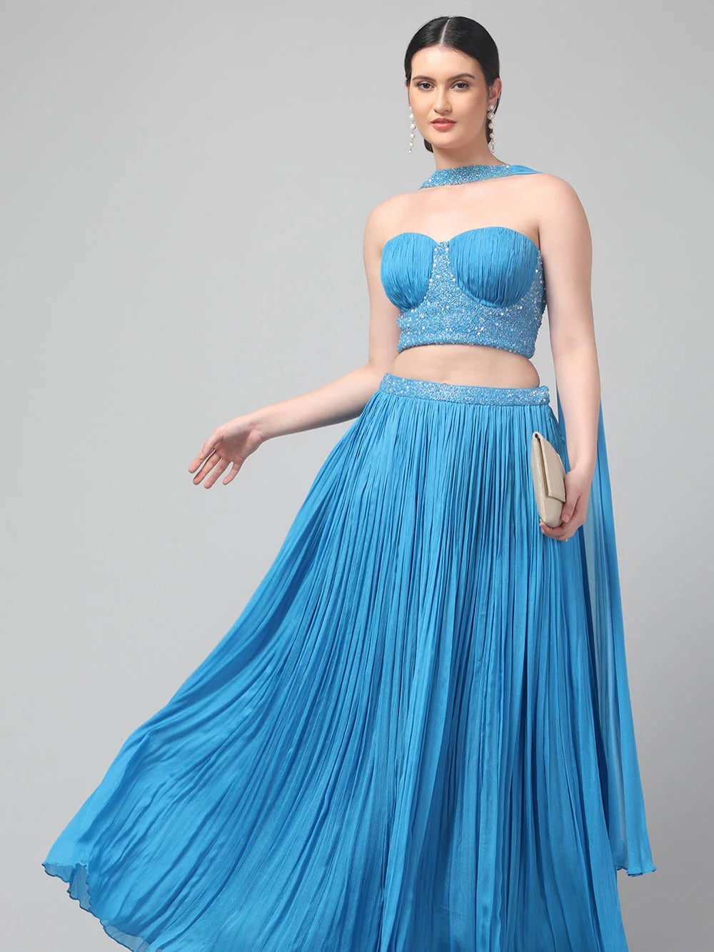 Sky-blue Corset Pure Chinnon Cutdana & Sequence Hand Work Party Wear pleated Skirt & Dupatta