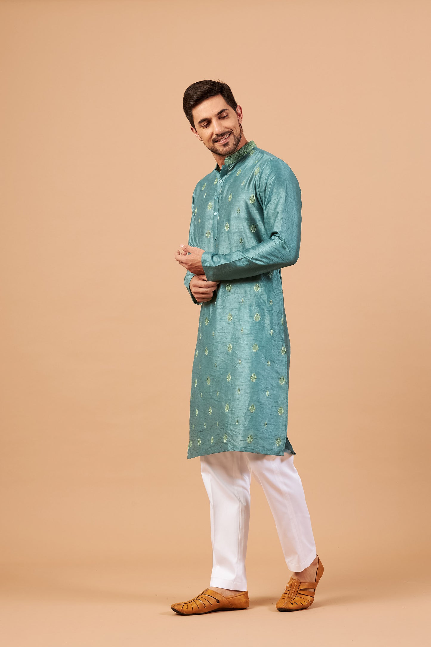 Teal Semi Raw Silk Machine Embroidered Festive ( only Kurta )
