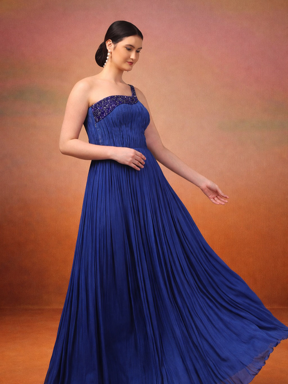 Blue One-Shoulder Pure Chinnon Party Wear Pleated Gown