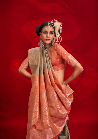 Coral Kontessa Tussar Silk Handloom Saree with ikkat Pallu