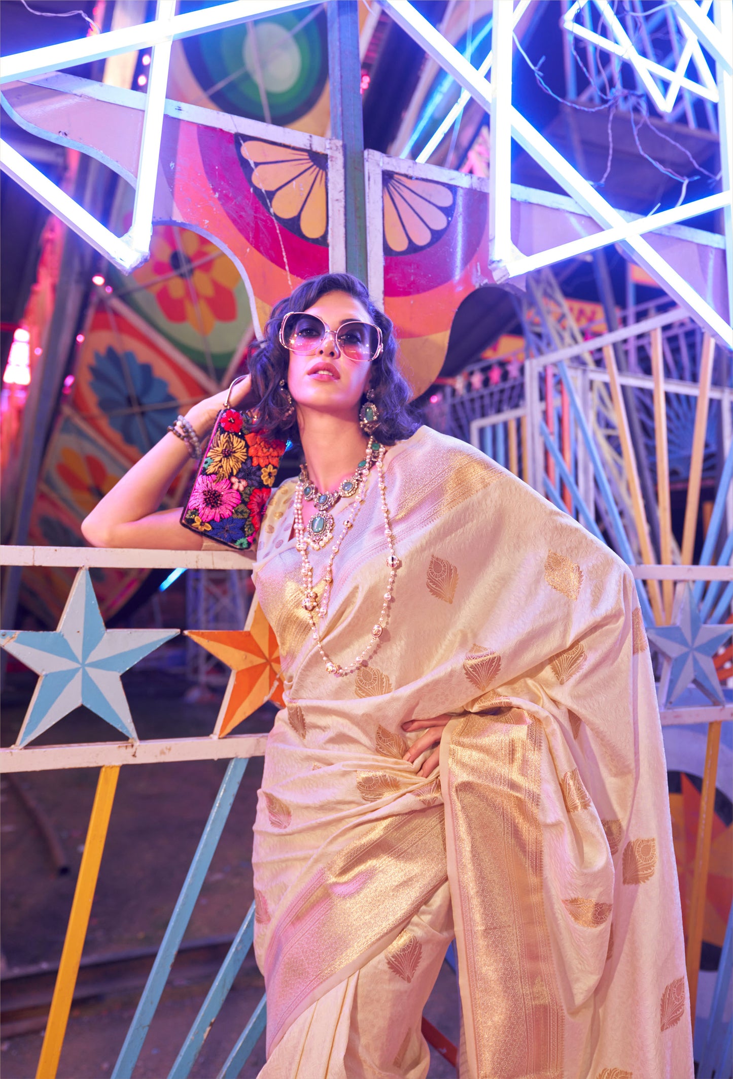 Off white Ivory Karnival Handloom Silk Saree