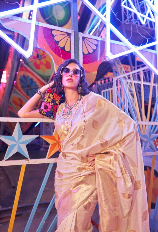 Off white Ivory Karnival Handloom Silk Saree