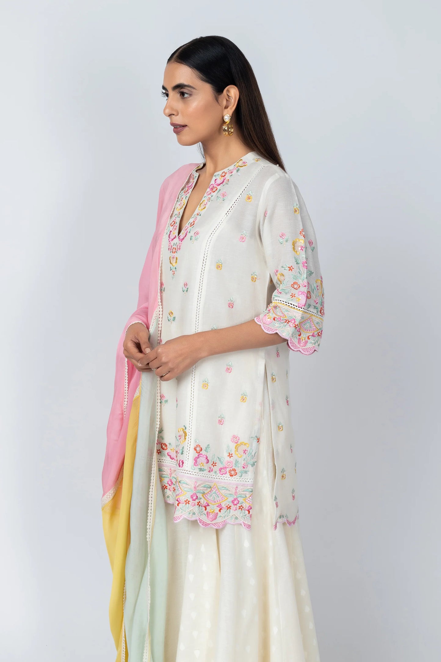 Kaari Natural Linen Kurta with Jacquard Sharara